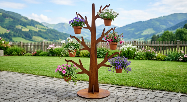 AlpStahl Blumenbaum Arbor Flora aus Cortenstahl mit hängenden Blumentöpfen, handgefertigt in Kärnten