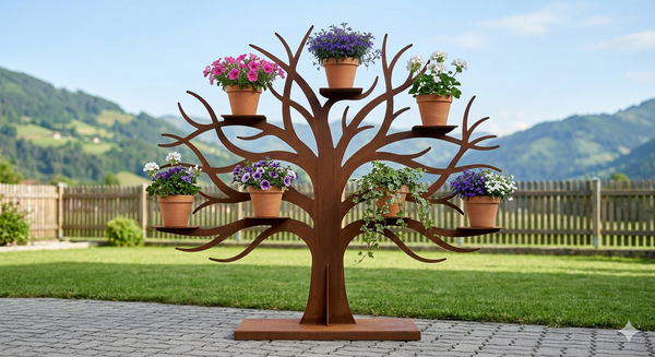 AlpStahl Blumenbaum Arbor Ornata aus Cortenstahl mit Ablagen für Blumentöpfe, handgefertigt in Kärnten