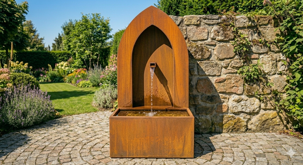AlpStahl Brunnen Aeterna - Cortenstahl Wasserbrunnen - Kärntner Handwerkskunst