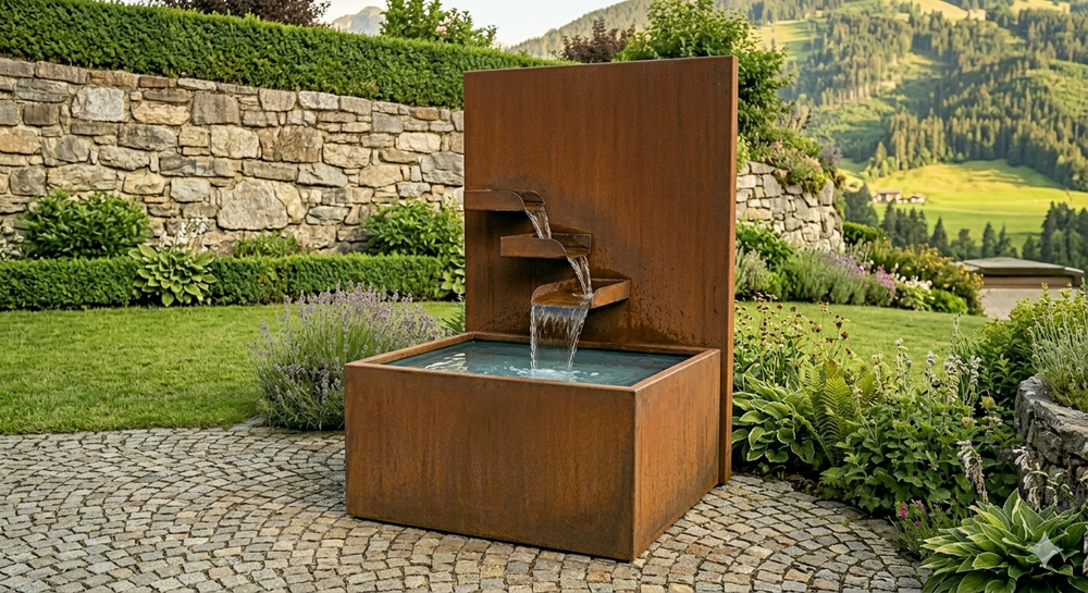 AlpStahl Brunnen Fons Quietis - Cortenstahl Gartenbrunnen - Handarbeit aus Kärnten