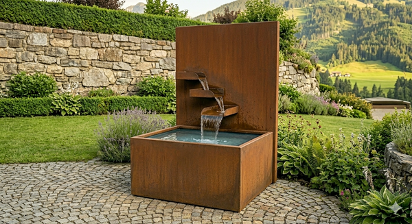 AlpStahl Brunnen Fons Quietis - Cortenstahl Gartenbrunnen - Handarbeit aus Kärnten