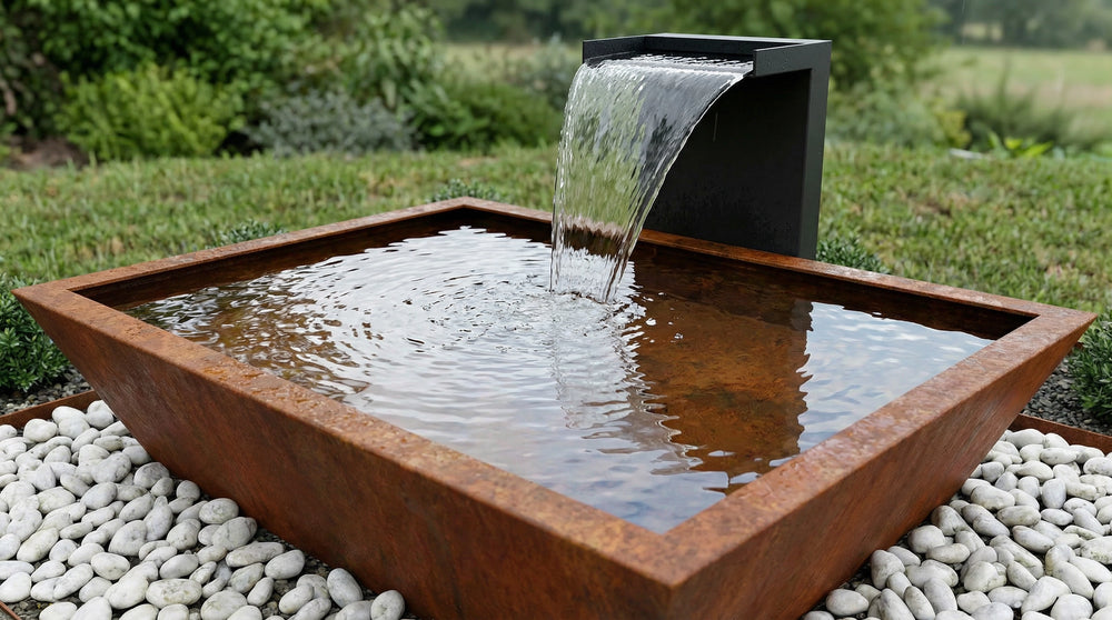 AlpStahl Brunnen Serenitas - Cortenstahl Wasserbrunnen - Kärntner Handwerkskunst