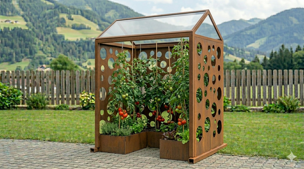 AlpStahl Cortenhaus Hortus Tectus aus Cortenstahl mit Glasdach für Tomaten und Kräuter, handgefertigt in Kärnten