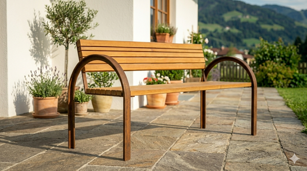 AlpStahl Gartenbank Lucos aus Cortenstahl und Lärchenholz mit Bogenseitenteilen, handgefertigt in Kärnten