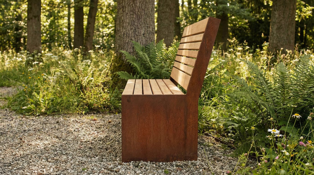 AlpStahl Gartenbank Robur - Cortenstahl Sitzbank - Massives Design aus Kärnten