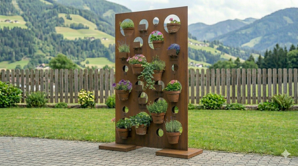 AlpStahl Pflanzwand Murus Floris aus Cortenstahl mit modularen einhängbaren Blumentöpfen, handgefertigt in Kärnten