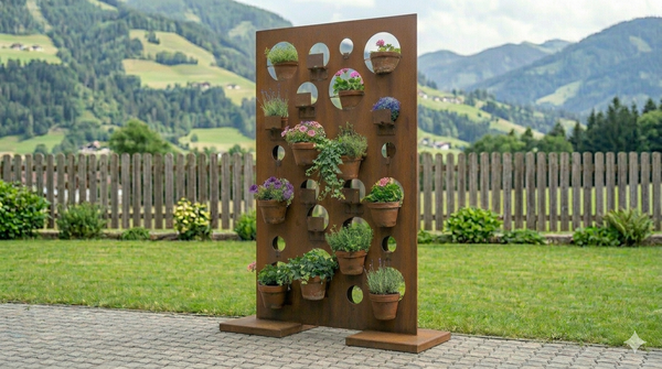 AlpStahl Pflanzwand Murus Floris aus Cortenstahl mit modularen einhängbaren Blumentöpfen, handgefertigt in Kärnten